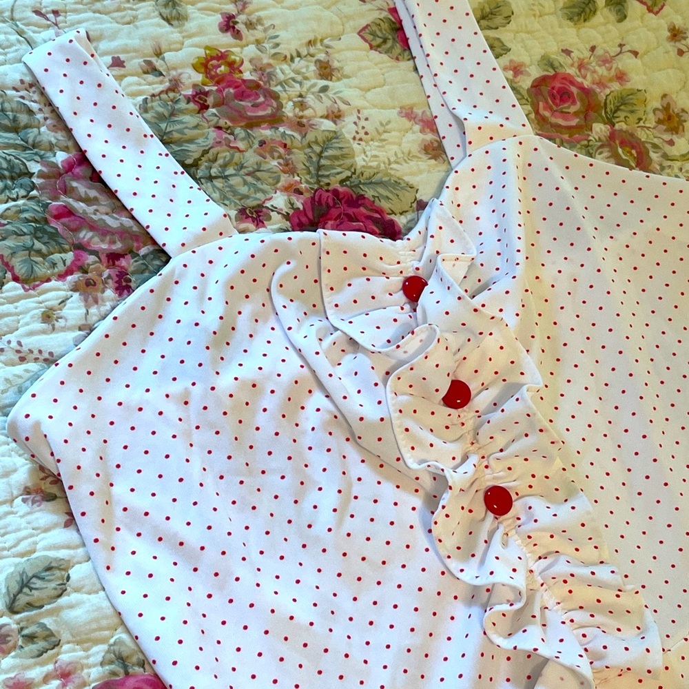 1940s 1950s Vintage White & Red Polkadot Polyester Knit Dress Retro Sundress